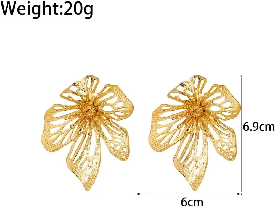 Chunky Gold Exaggerated Flower Dangle Earrings, Trendy Punk Geometry Large Stud Earrings, Street Hip Hop Statement Jewelry for Women