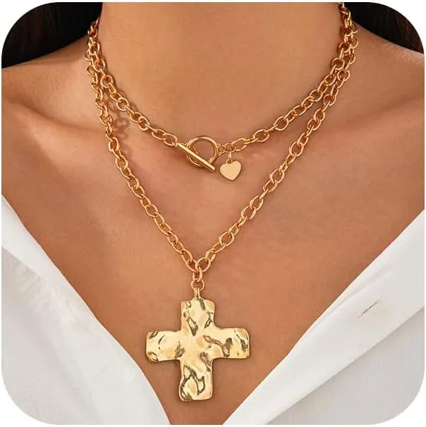 Chunky Gold Layered Cross Statement Pendant Necklace Vintage Thick Stack Hammered Cross Toggle Clasp Choker Necklaces for Women Trendy OT Buckle Jewelry