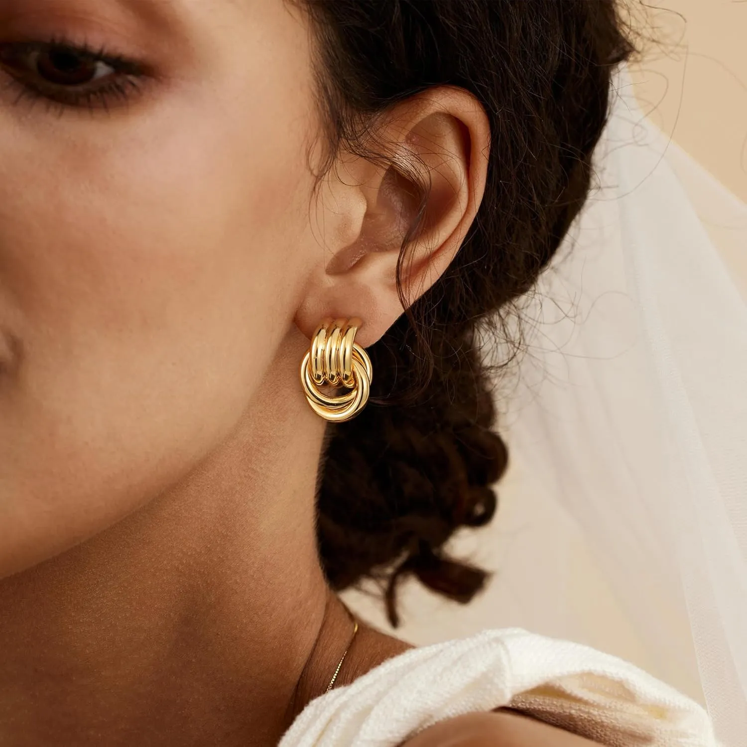 Chunky Knot Gold Dangle Earrings for Women, 14K Gold Plated Geometric Statement Drop Earrings Hypoallergenic Lightweight Trendy, Jewelry Gift