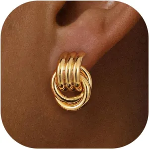 Chunky Knot Gold Dangle Earrings for Women, 14K Gold Plated Geometric Statement Drop Earrings Hypoallergenic Lightweight Trendy, Jewelry Gift