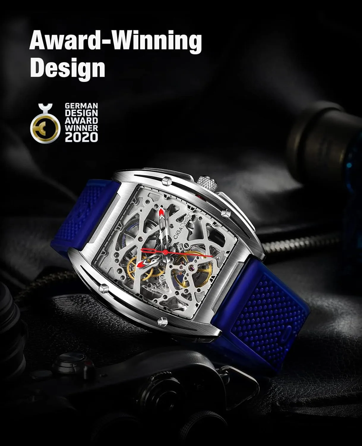 CIGA Design Z Series Automatic Mechanical Watch, Luxury Skeleton Wristwatch Tonneau with Leather and Silicone Strap Stainless Steel Business Dress Waterproof Timepiece Gifts for Men and Women