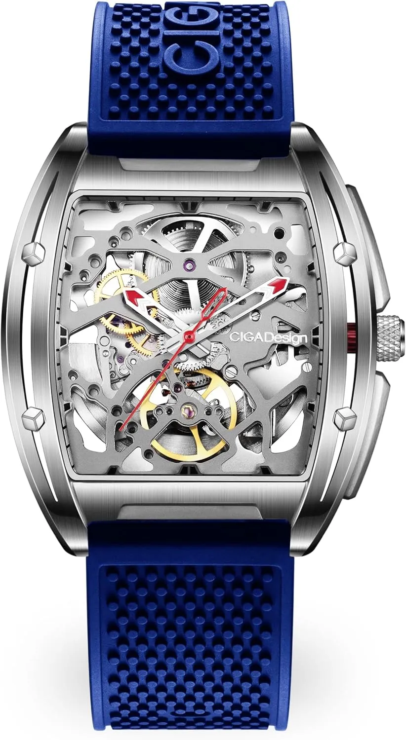 CIGA Design Z Series Automatic Mechanical Watch, Luxury Skeleton Wristwatch Tonneau with Leather and Silicone Strap Stainless Steel Business Dress Waterproof Timepiece Gifts for Men and Women
