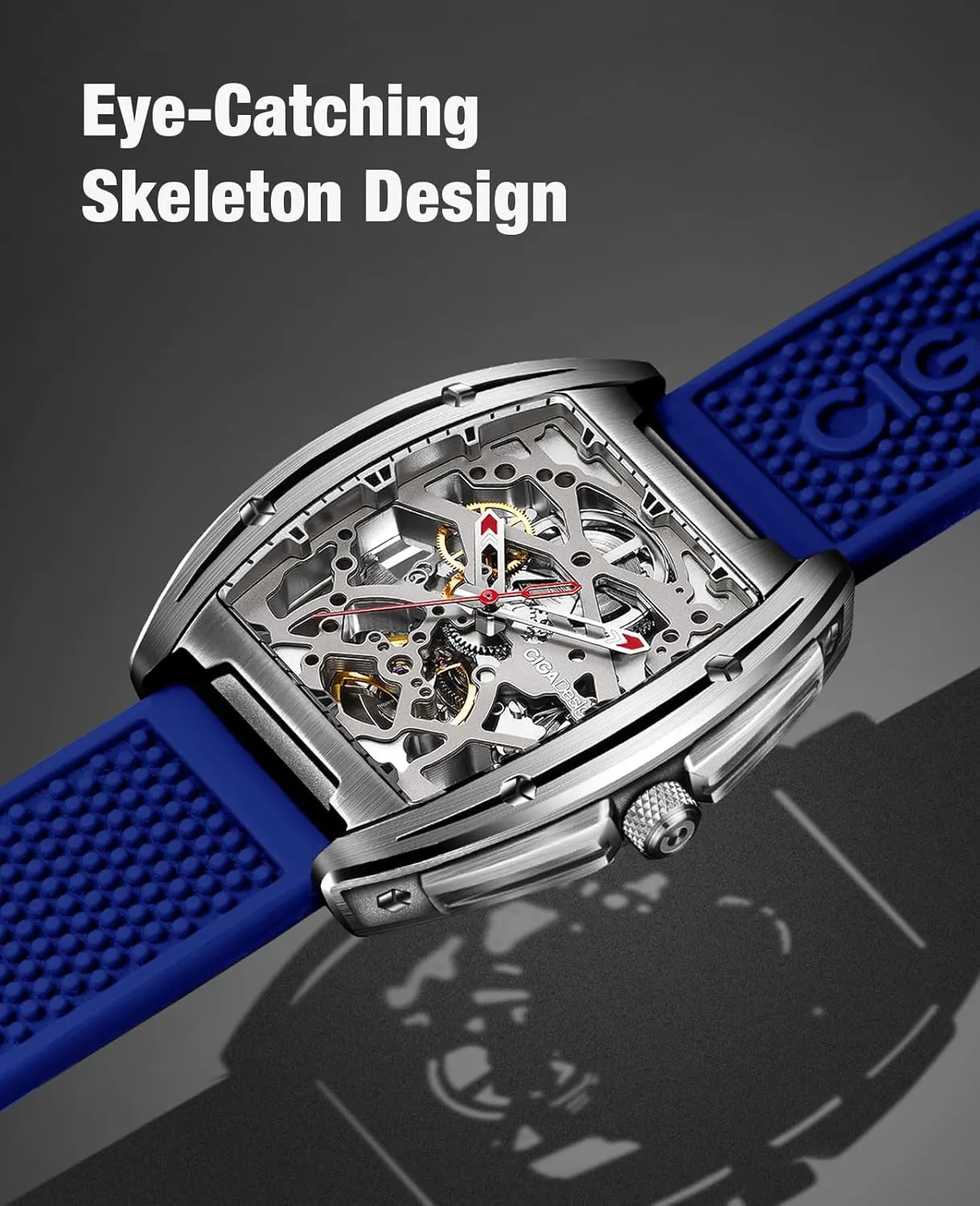 CIGA Design Z Series Automatic Mechanical Watch, Luxury Skeleton Wristwatch Tonneau with Leather and Silicone Strap Stainless Steel Business Dress Waterproof Timepiece Gifts for Men and Women