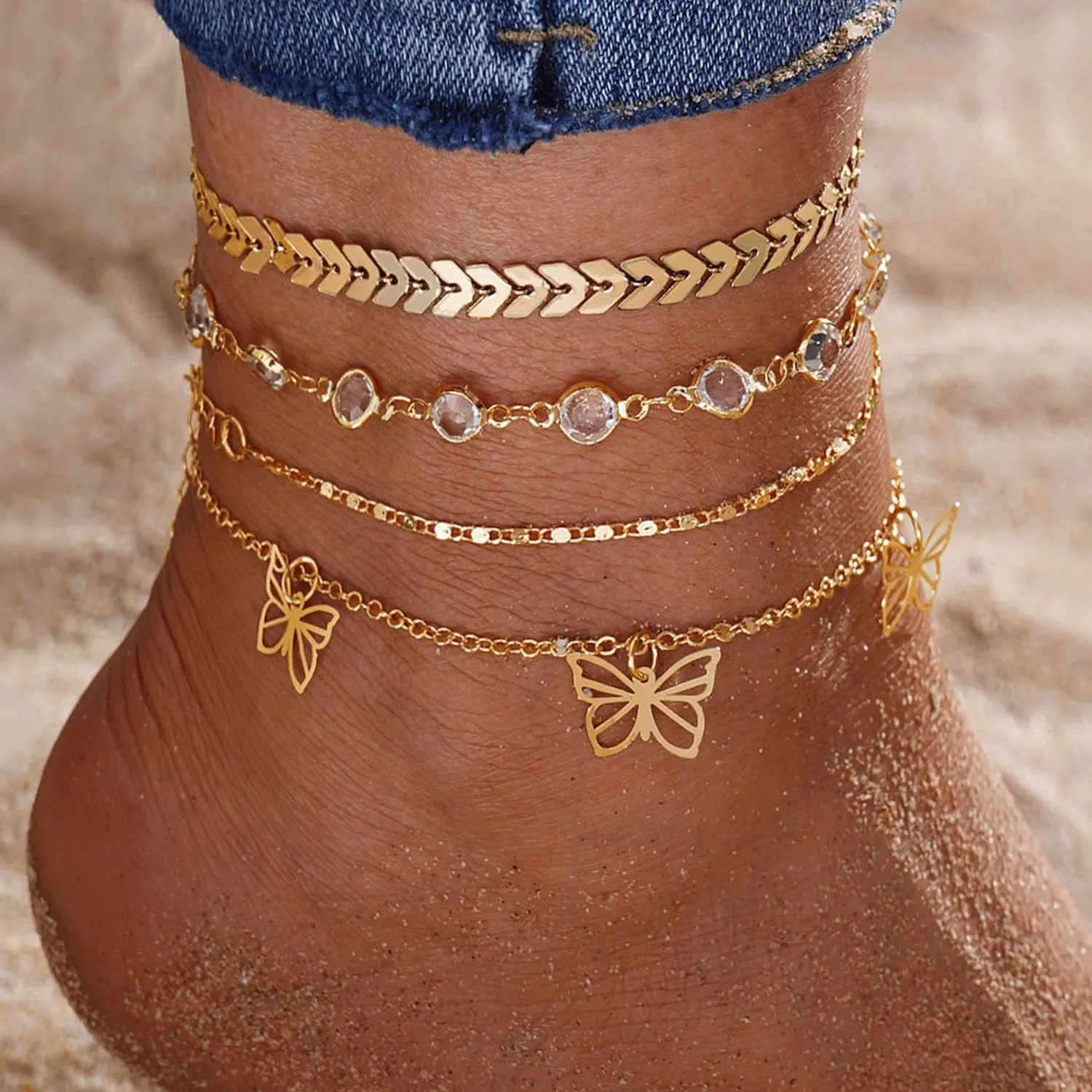 CJIAYUJEW Gold Ankle Bracelets for Women Adjustable Layered Cuban Link Anklets Set Waterproof Rhinestones Anklets Bracelets Beach Anklets Foot Gift for Women
