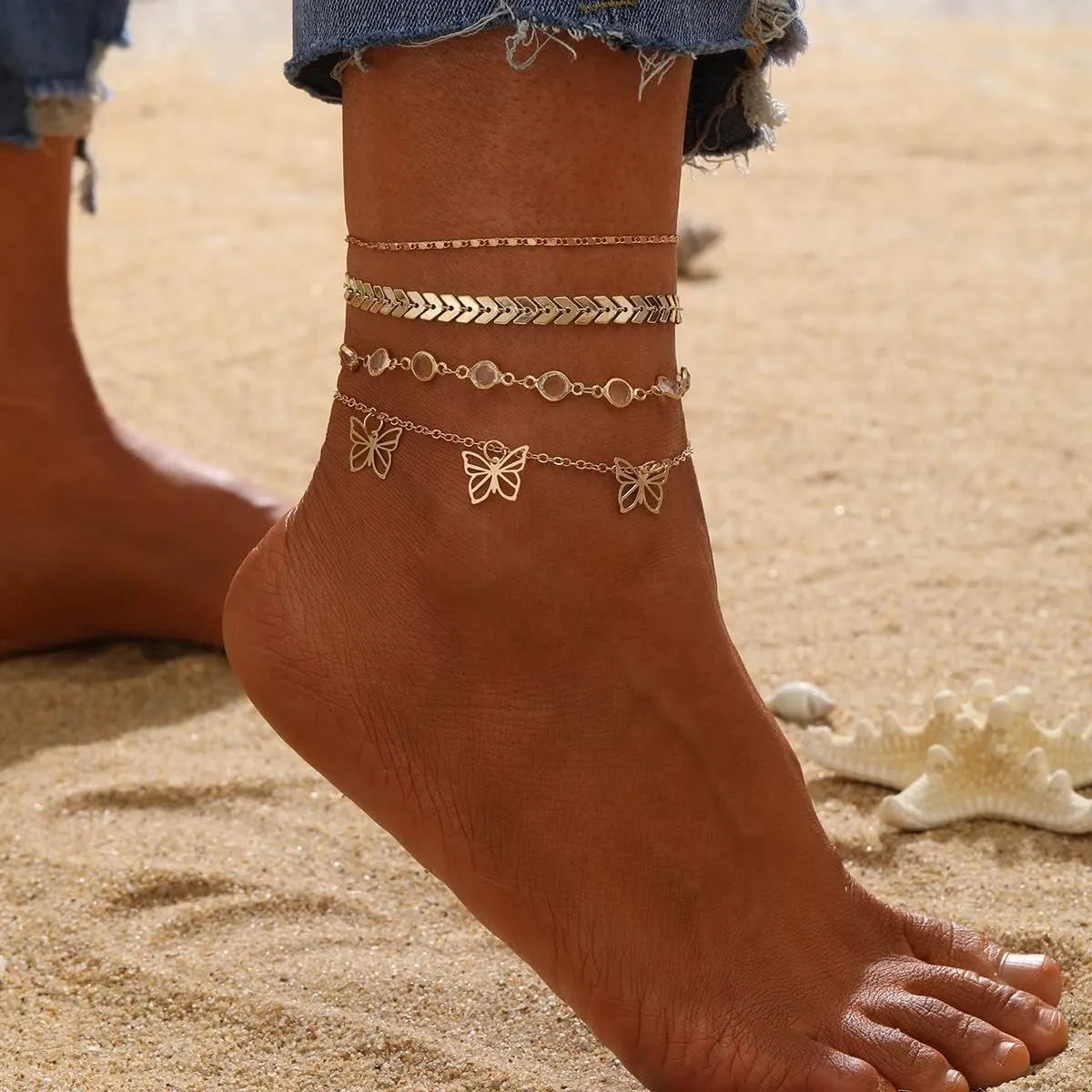 CJIAYUJEW Gold Ankle Bracelets for Women Adjustable Layered Cuban Link Anklets Set Waterproof Rhinestones Anklets Bracelets Beach Anklets Foot Gift for Women