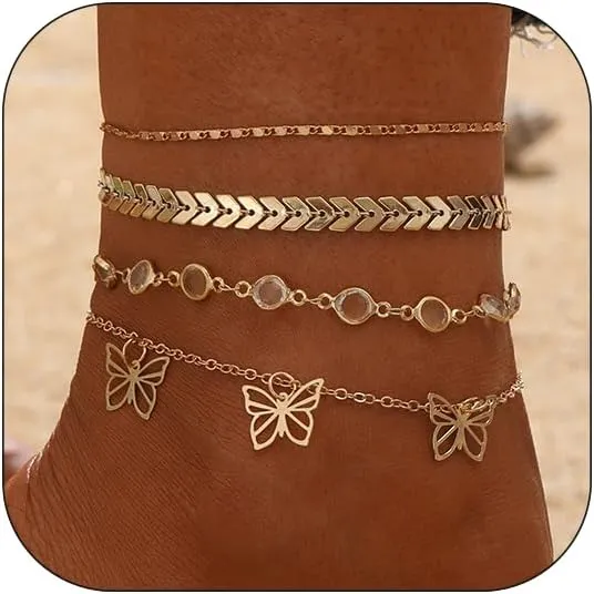CJIAYUJEW Gold Ankle Bracelets for Women Adjustable Layered Cuban Link Anklets Set Waterproof Rhinestones Anklets Bracelets Beach Anklets Foot Gift for Women