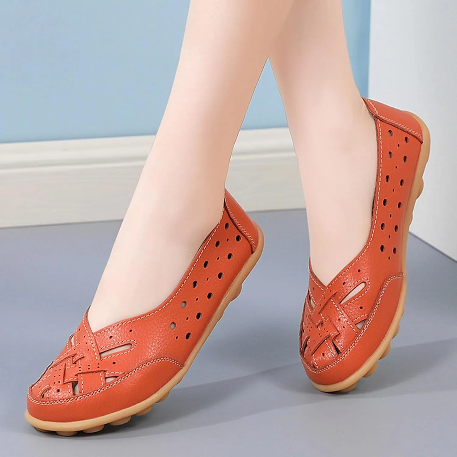 Close Toe Sandals for Women Orthopedic Loafers Breathable Leather Comfortable Hollow Soft Flats Summer Casual Slip-On Shoes