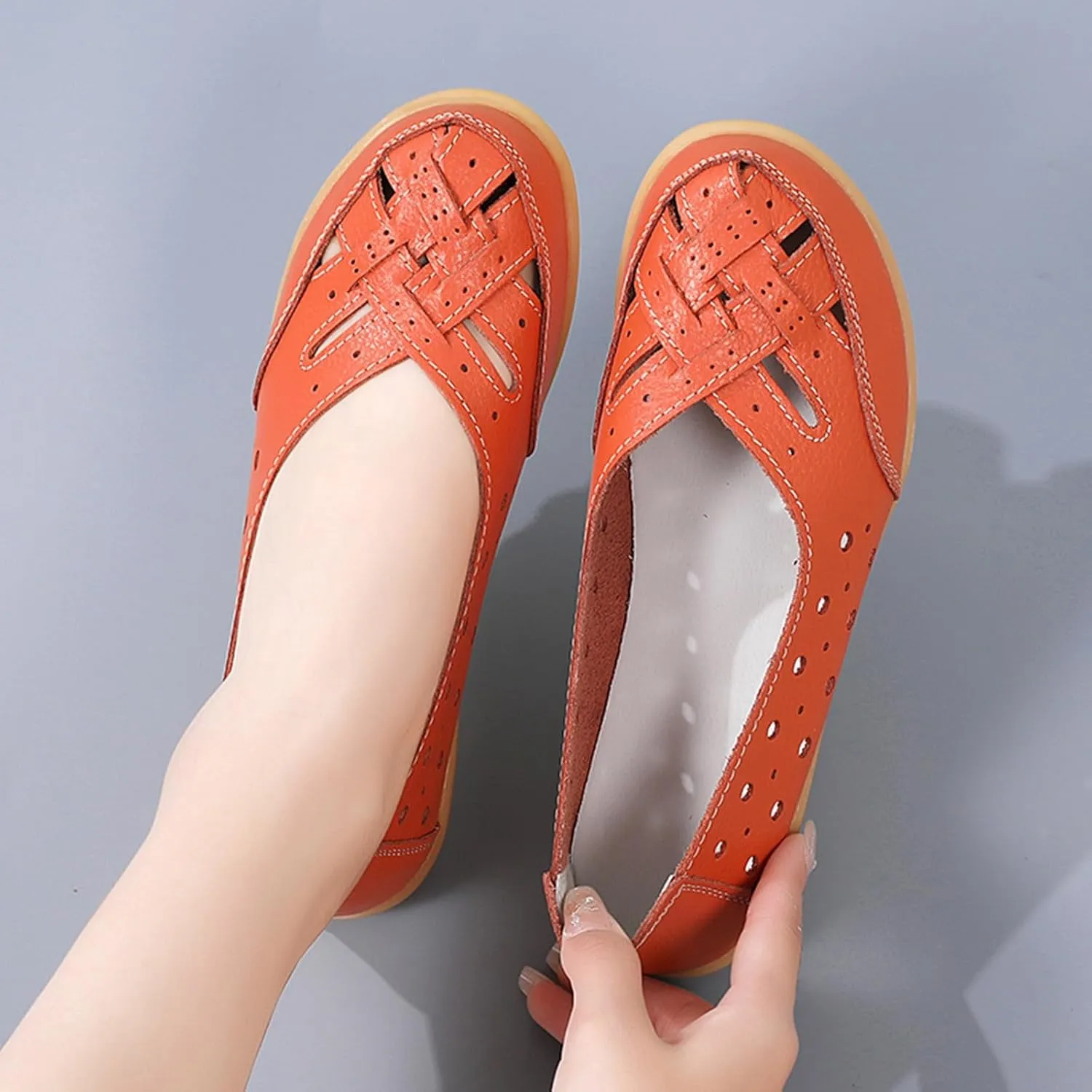 Close Toe Sandals for Women Orthopedic Loafers Breathable Leather Comfortable Hollow Soft Flats Summer Casual Slip-On Shoes