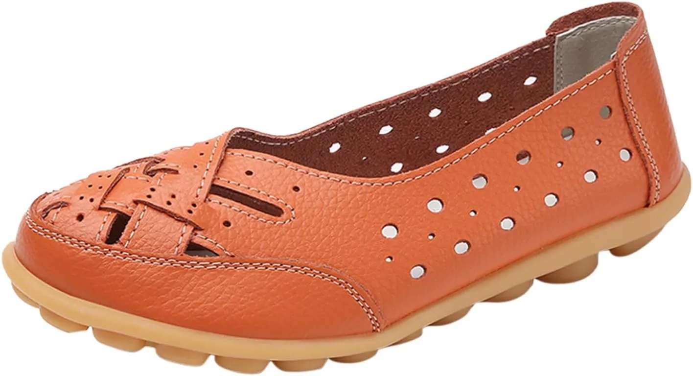Close Toe Sandals for Women Orthopedic Loafers Breathable Leather Comfortable Hollow Soft Flats Summer Casual Slip-On Shoes