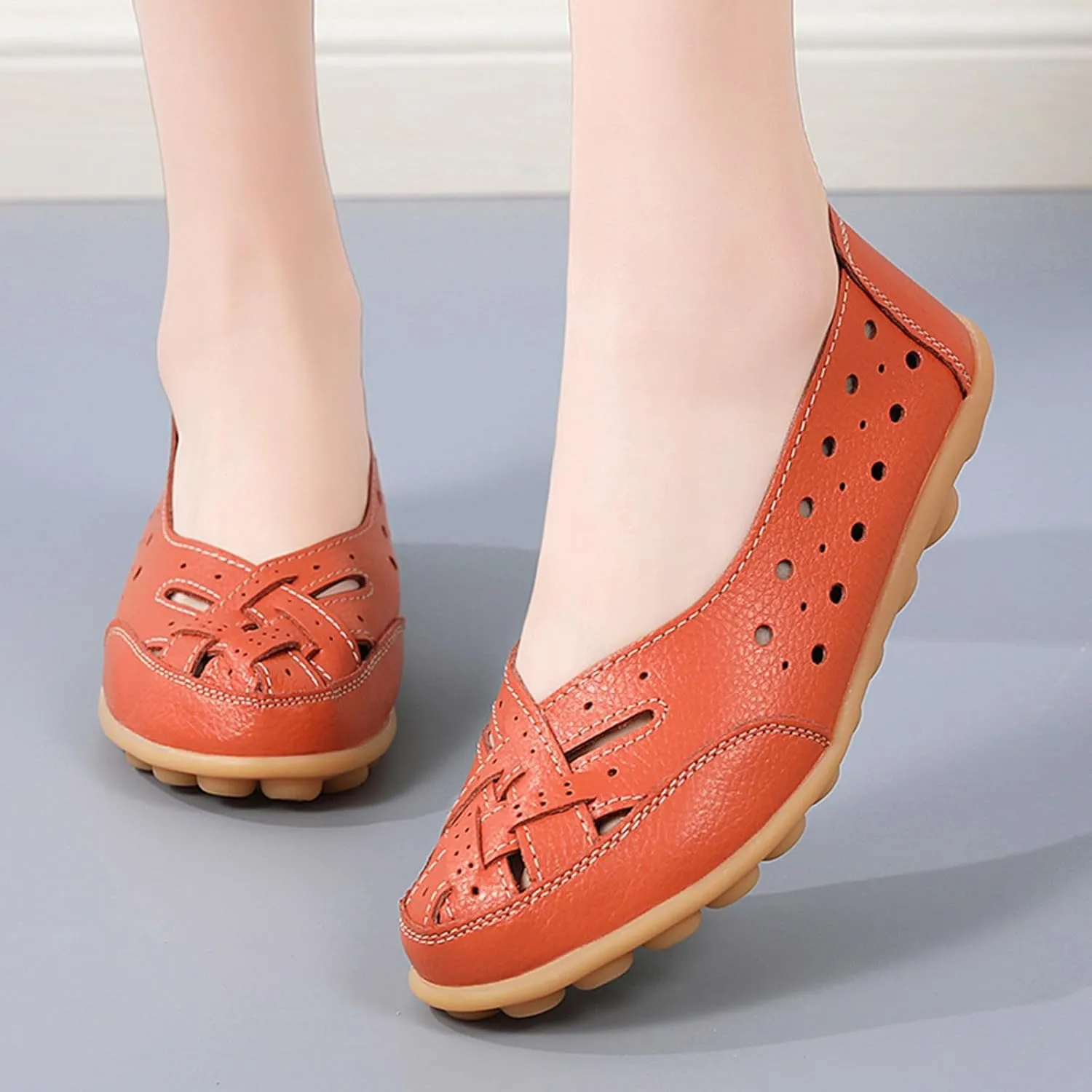 Close Toe Sandals for Women Orthopedic Loafers Breathable Leather Comfortable Hollow Soft Flats Summer Casual Slip-On Shoes