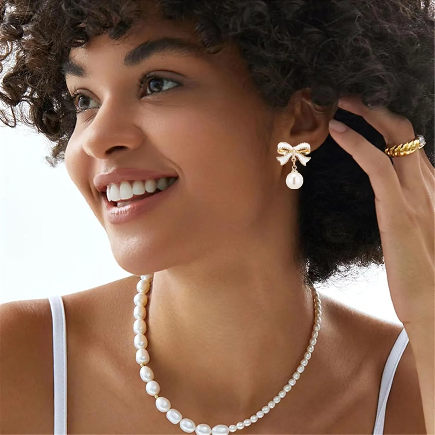 coadipress Pearl Bow Earrings for Women Trendy Stuff Cute Bow Pearl Drop Dangle Earrings Pink Coquette Drop Stud Ribbon Earrings Bowknot Stud Wedding Party Christmas Jewelry