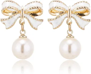 coadipress Pearl Bow Earrings for Women Trendy Stuff Cute Bow Pearl Drop Dangle Earrings Pink Coquette Drop Stud Ribbon Earrings Bowknot Stud Wedding Party Christmas Jewelry