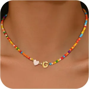 Colorful Initial Necklaces for Girls Women, Teen Girl Gifts Trendy Stuff Cute Heart Shell Bead Necklace Jewelry Gifts