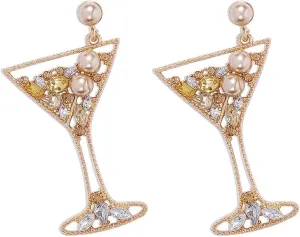 COLORFULBLING Handmade Champagne Martini Wine Glass Dangle Earrings Shiny Rhinestones Crystal Pearl Beaded Drop Earrings Charming Cocktail Glass Lovely Pencil Rugby Earrings for Women Jewelry Gift(Champagne cup)