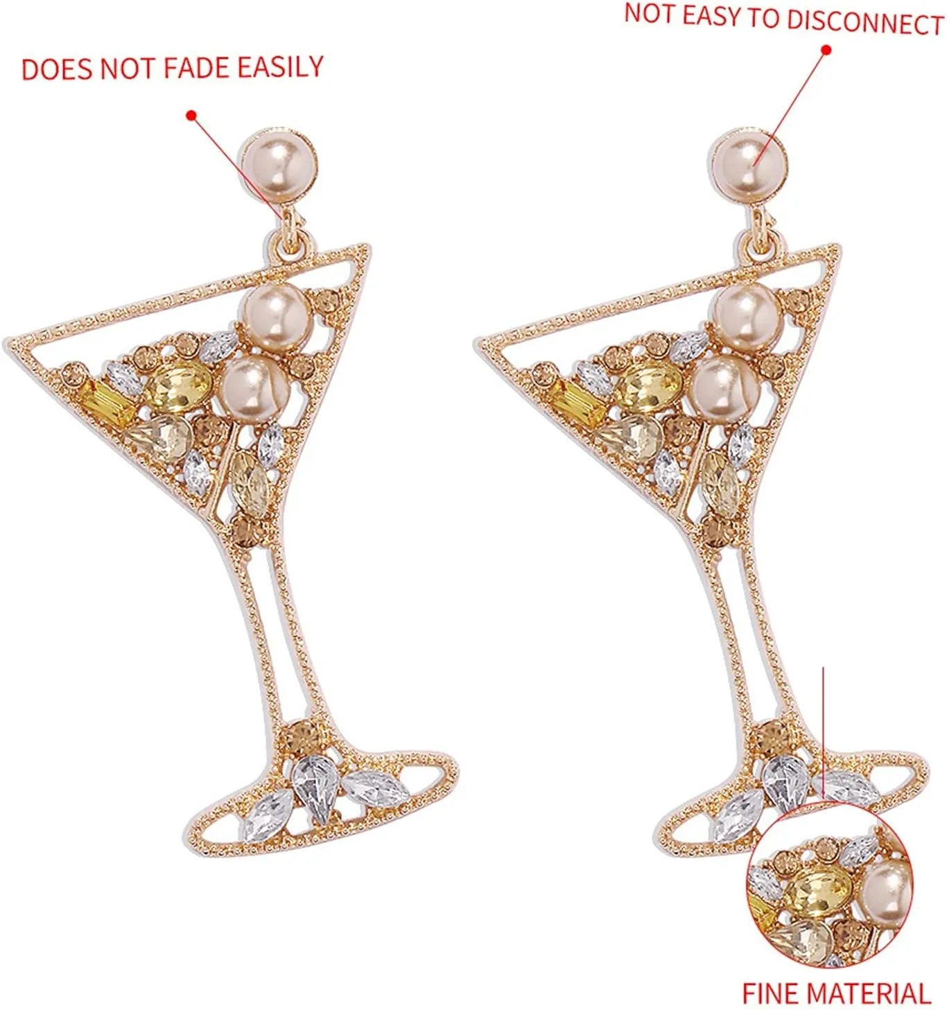 COLORFULBLING Handmade Champagne Martini Wine Glass Dangle Earrings Shiny Rhinestones Crystal Pearl Beaded Drop Earrings Charming Cocktail Glass Lovely Pencil Rugby Earrings for Women Jewelry Gift(Champagne cup)