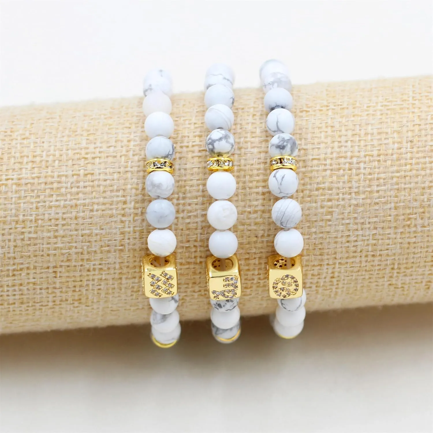 Constellation Charm Women's Bracelet 6mm Natural Frosted White Turquoise Twelve Zodiac Prayer Blessing Unisex Jewelry-Cancer|Virgo|Aquarius