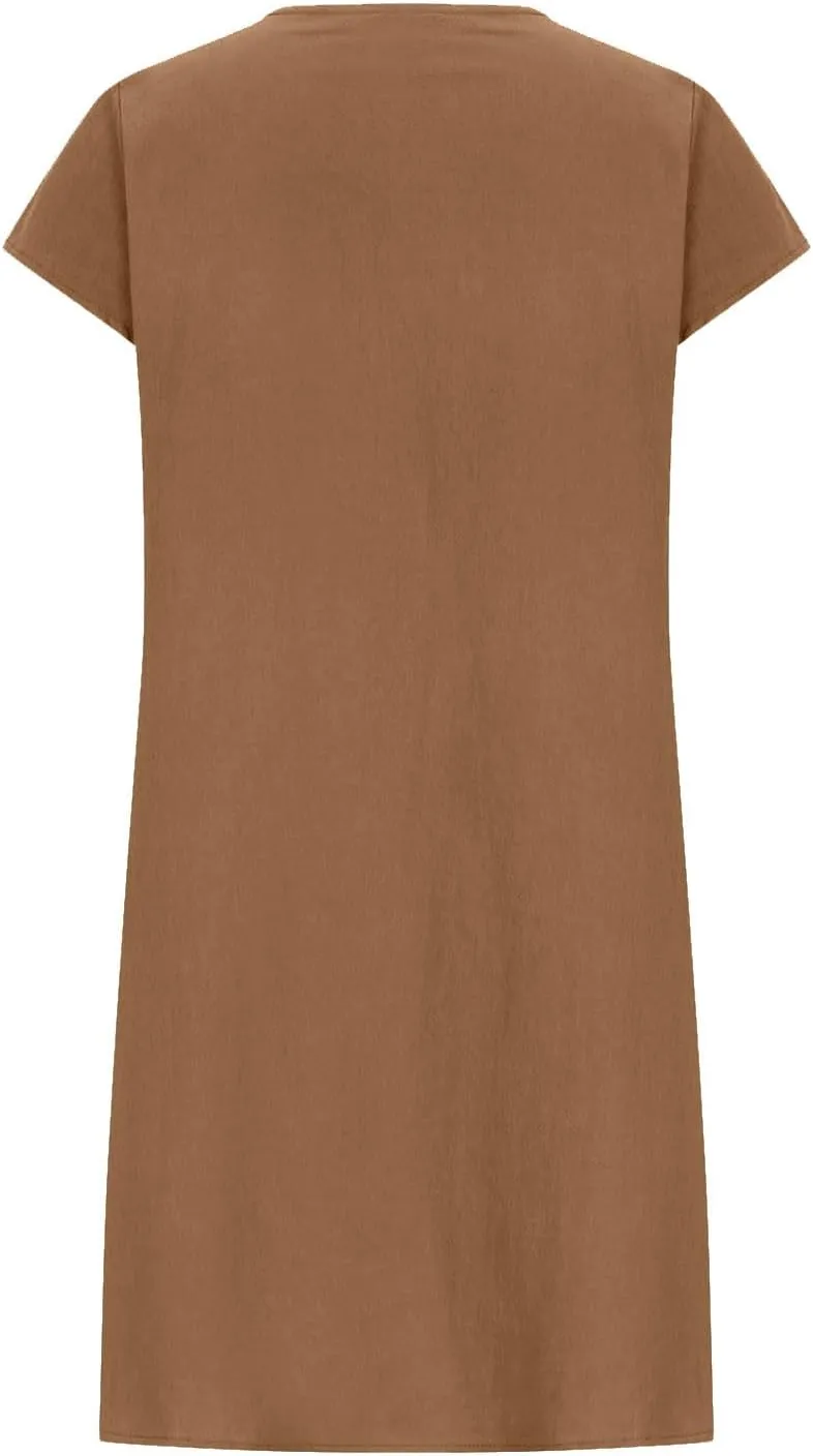 Cotton Linen Dress for Women 2025 Summer Casual Loose Mini Dresses Crewneck Short Sleeve Flowy Vacation Sun Dress