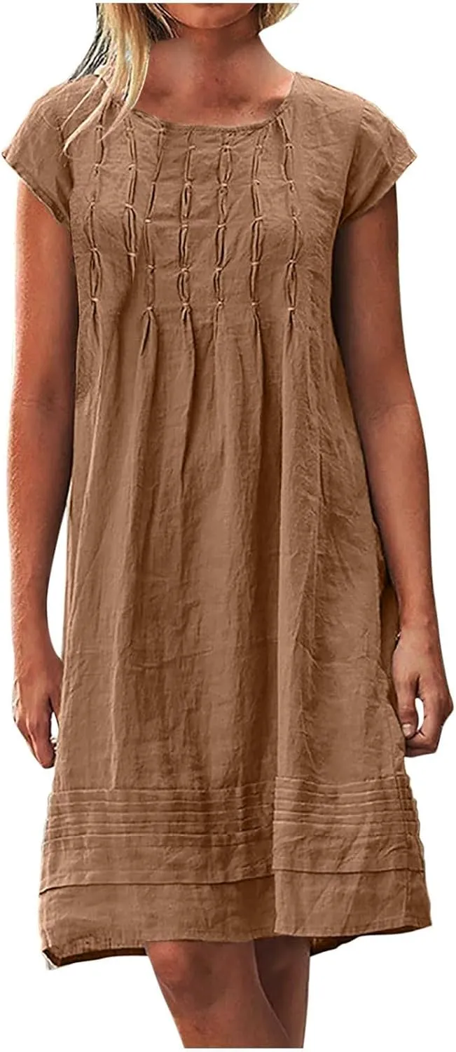Cotton Linen Dress for Women 2025 Summer Casual Loose Mini Dresses Crewneck Short Sleeve Flowy Vacation Sun Dress