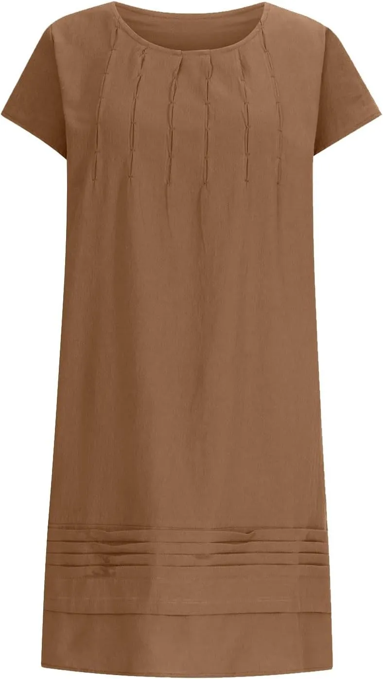 Cotton Linen Dress for Women 2025 Summer Casual Loose Mini Dresses Crewneck Short Sleeve Flowy Vacation Sun Dress