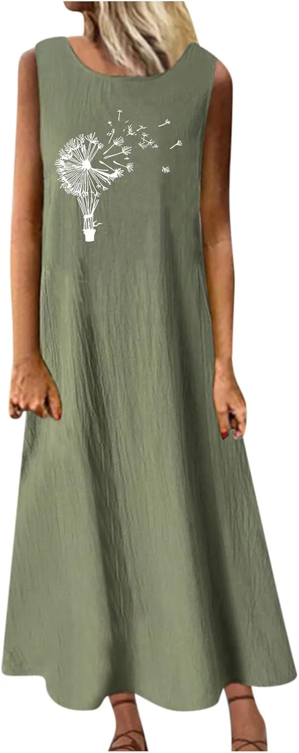 Cotton Linen Summer Maxi Dresses for Women 2025 Vacation Boho Floral Sun Dress Sleeveless Flowy Beach Long Dress