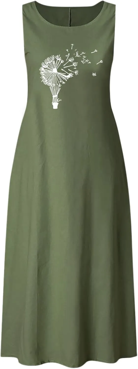 Cotton Linen Summer Maxi Dresses for Women 2025 Vacation Boho Floral Sun Dress Sleeveless Flowy Beach Long Dress