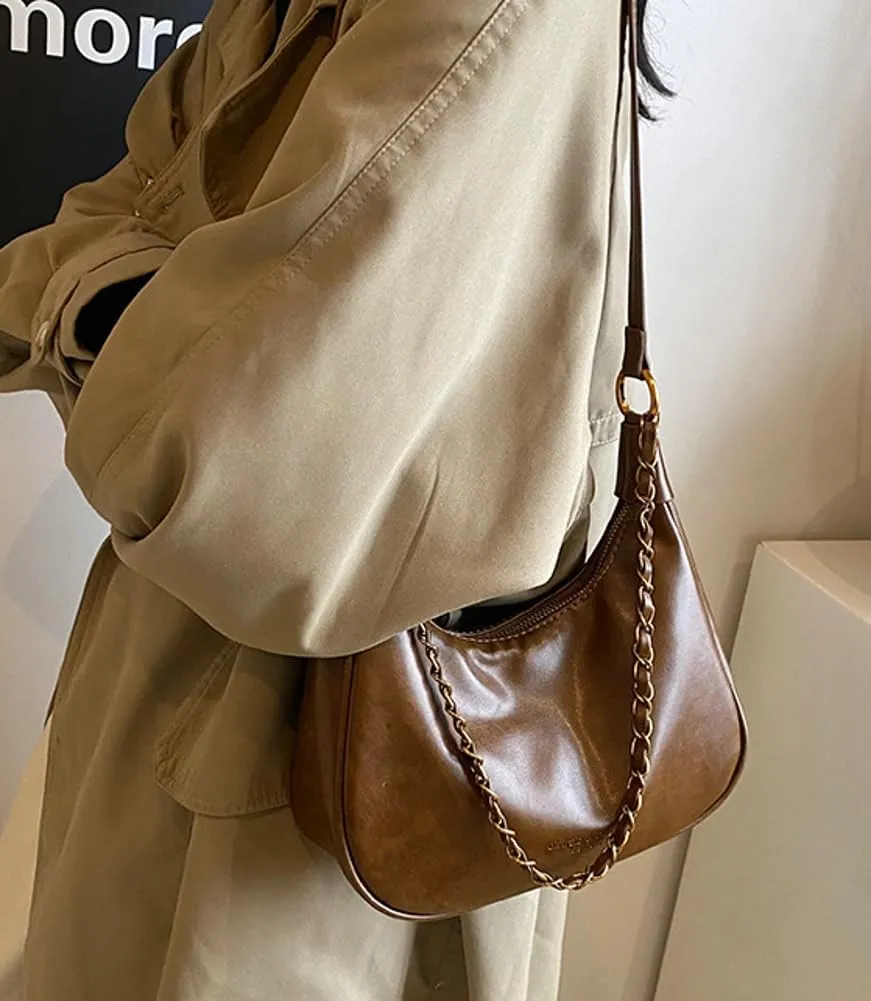 Crescent Shoulder Bag for Women Retro Leather Crossbody Bags Small Work Tote Bag Ladies Satchel Purses with 2 Straps