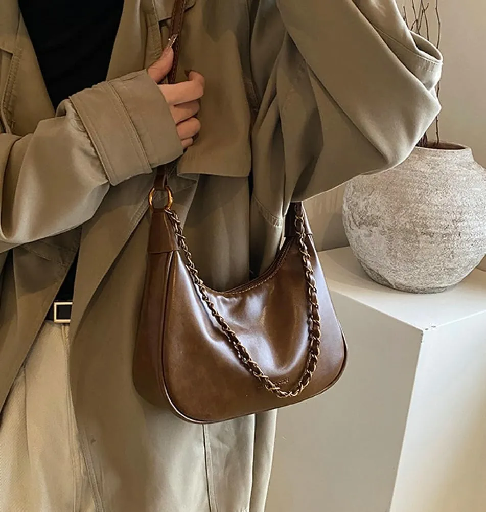 Crescent Shoulder Bag for Women Retro Leather Crossbody Bags Small Work Tote Bag Ladies Satchel Purses with 2 Straps
