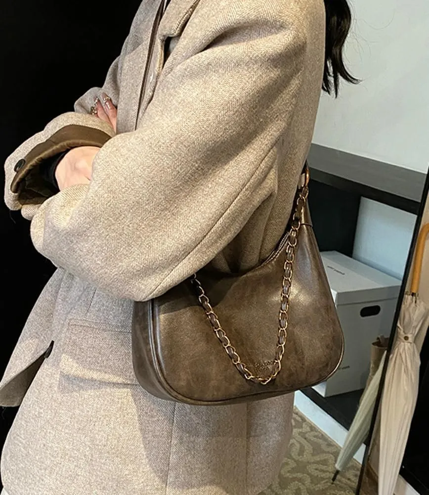 Crescent Shoulder Bag for Women Retro Leather Crossbody Bags Small Work Tote Bag Ladies Satchel Purses with 2 Straps