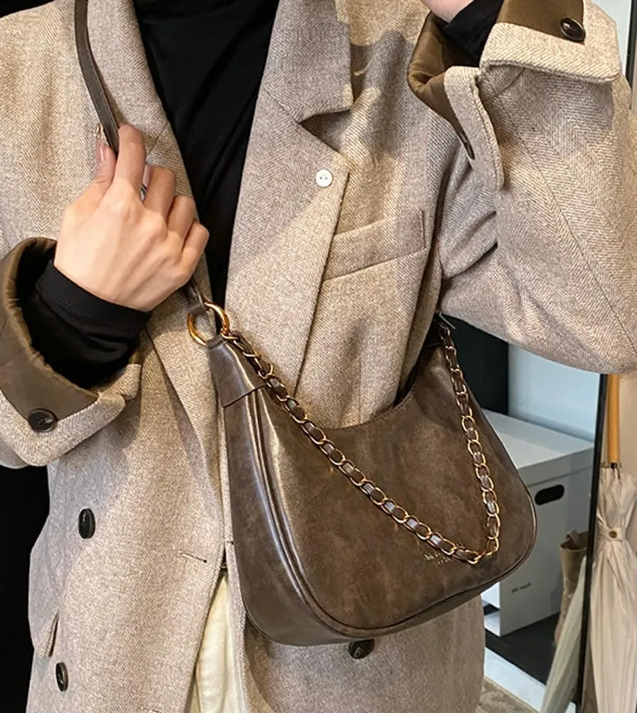 Crescent Shoulder Bag for Women Retro Leather Crossbody Bags Small Work Tote Bag Ladies Satchel Purses with 2 Straps