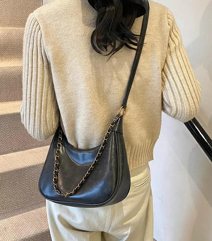 Crescent Shoulder Bag for Women Retro Leather Crossbody Bags Small Work Tote Bag Ladies Satchel Purses with 2 Straps