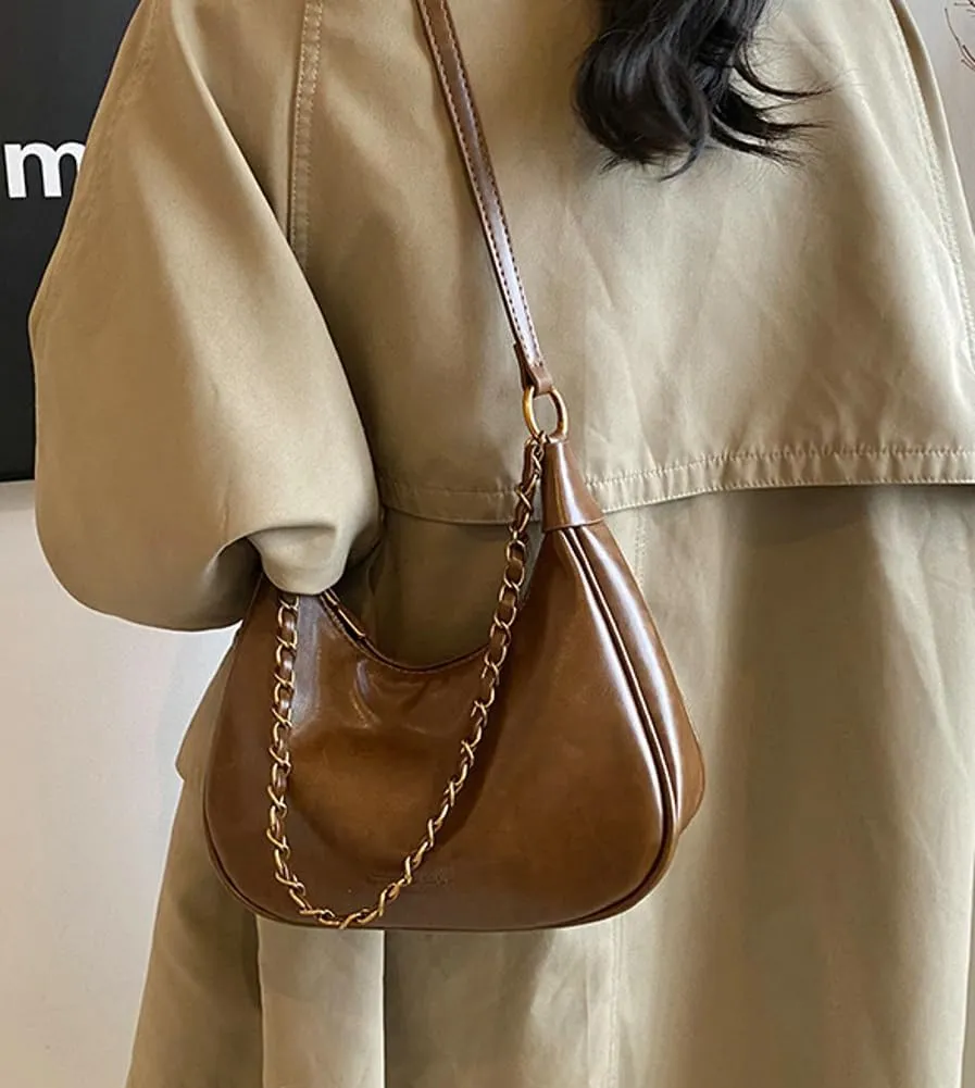 Crescent Shoulder Bag for Women Retro Leather Crossbody Bags Small Work Tote Bag Ladies Satchel Purses with 2 Straps