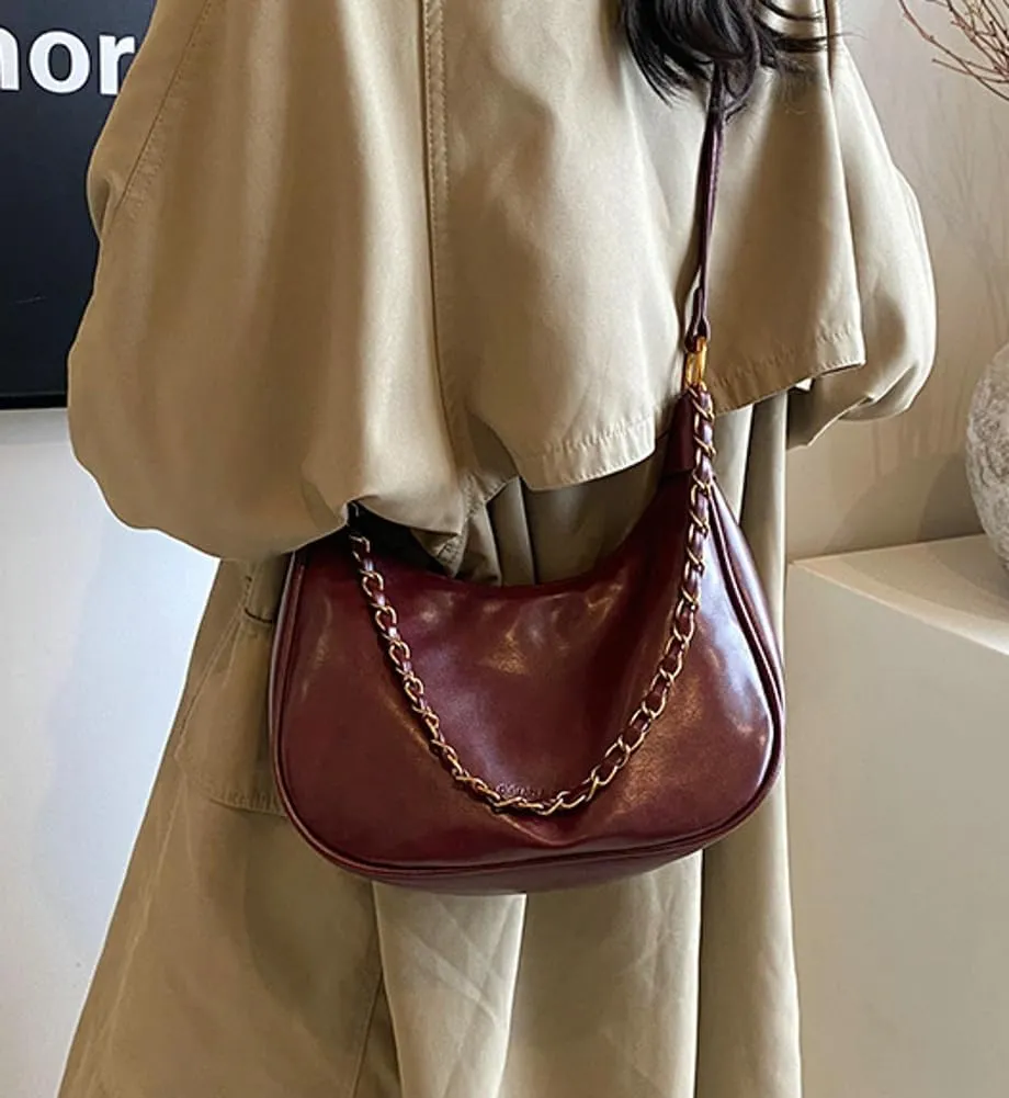 Crescent Shoulder Bag for Women Retro Leather Crossbody Bags Small Work Tote Bag Ladies Satchel Purses with 2 Straps