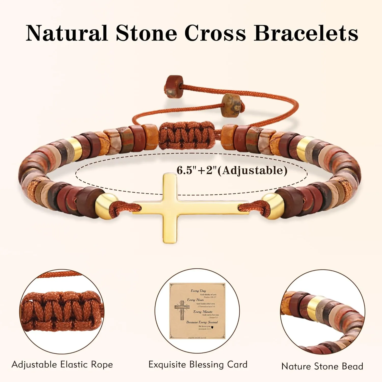 Cross Bracelets Christian Mothers Day Gifts Faith Based Gifts Adjustable Natural Stone Bracelets Christian Baptism Confirmation Catholic Religious Inspirational Gift for Women