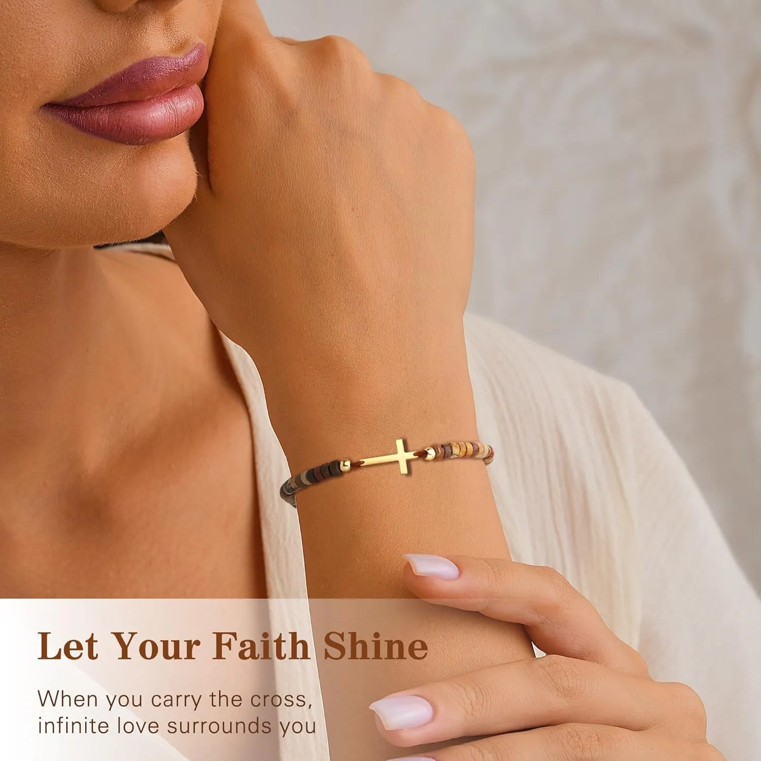 Cross Bracelets Christian Mothers Day Gifts Faith Based Gifts Adjustable Natural Stone Bracelets Christian Baptism Confirmation Catholic Religious Inspirational Gift for Women