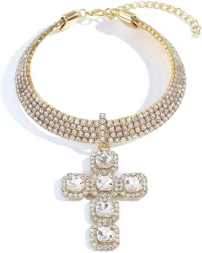Cross Rhinestones Choker Necklaces for Women Sparkly 4 Row Diamond Tennis Necklace Statement Fashion Crystal Crucifix Pendant Chain Luxury Bridal Wedding Party Prom Jewelry