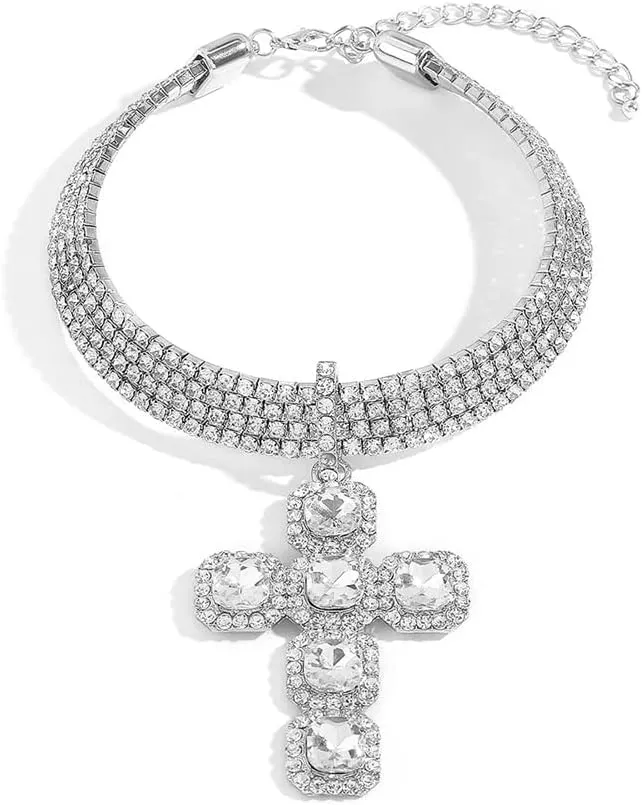 Cross Rhinestones Choker Necklaces for Women Sparkly 4 Row Diamond Tennis Necklace Statement Fashion Crystal Crucifix Pendant Chain Luxury Bridal Wedding Party Prom Jewelry