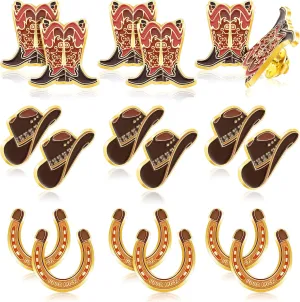 Crowye 18 Pcs Cowboy Western Lapel Pin for Men Women Western Cowboy and Cowgirl Pin in Brown Hat Theme Zinc Alloy Boot Horseshoe Jewelry Decorations for Backpack Party, 3 Styles
