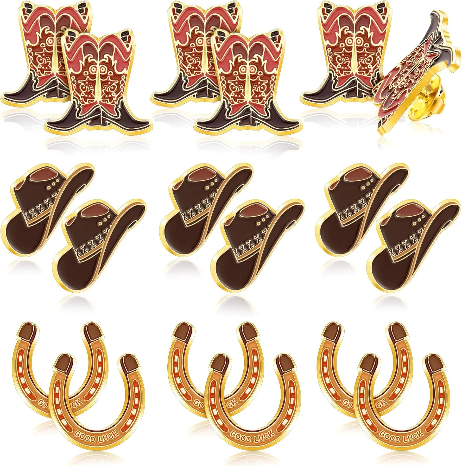 Crowye 18 Pcs Cowboy Western Lapel Pin for Men Women Western Cowboy and Cowgirl Pin in Brown Hat Theme Zinc Alloy Boot Horseshoe Jewelry Decorations for Backpack Party, 3 Styles