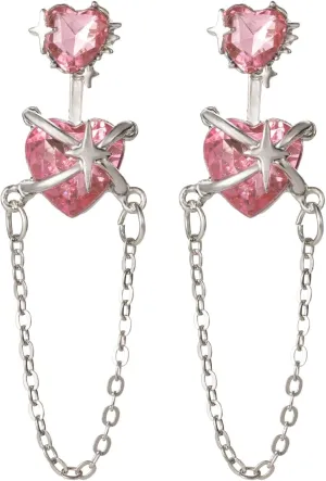 Crystal Pink Heart Chain Dangle Earrings for Women,Double Heart Fringe Drop Earrings Valentine's Day Jewelry Gift