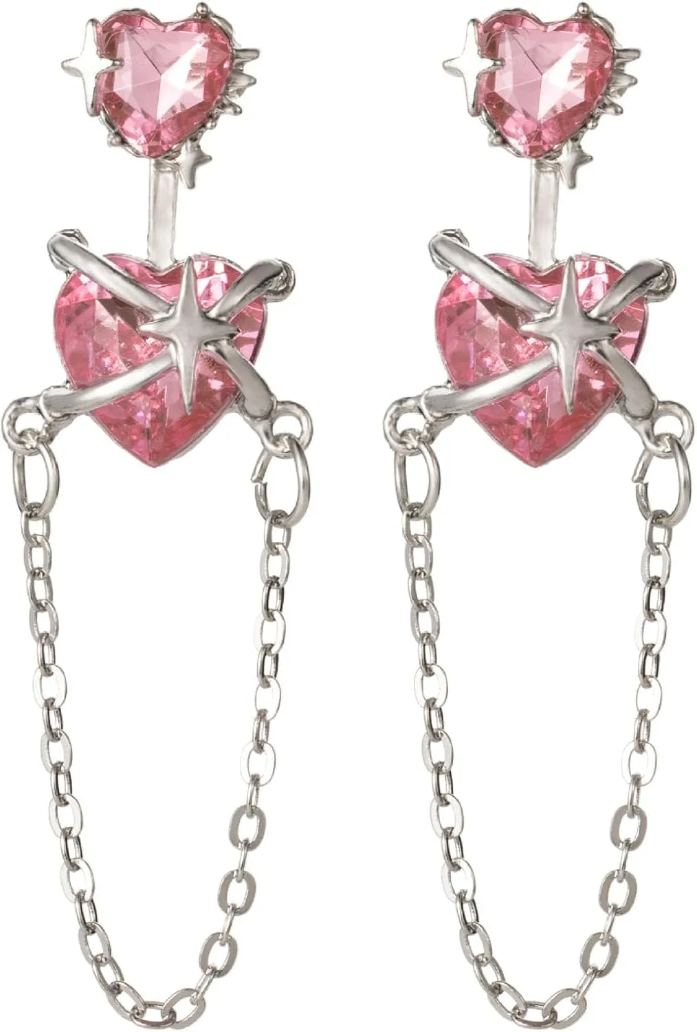 Crystal Pink Heart Chain Dangle Earrings for Women,Double Heart Fringe Drop Earrings Valentine's Day Jewelry Gift
