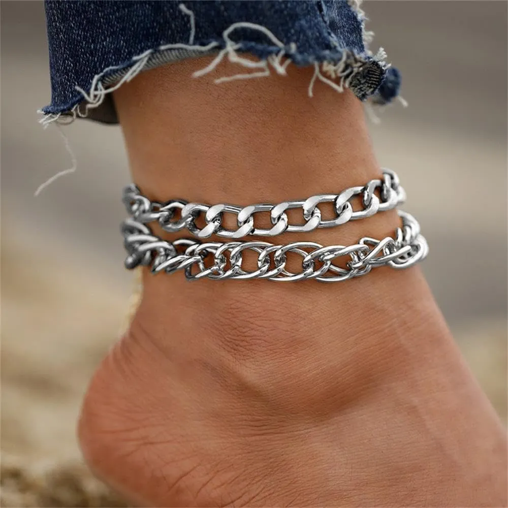 Cuban Link Anklets Gold Silver Ankle Bracelets Hip Hop Layered Paperclip Chain Anklets Set Adjustable Braided Chain Anklet for Women