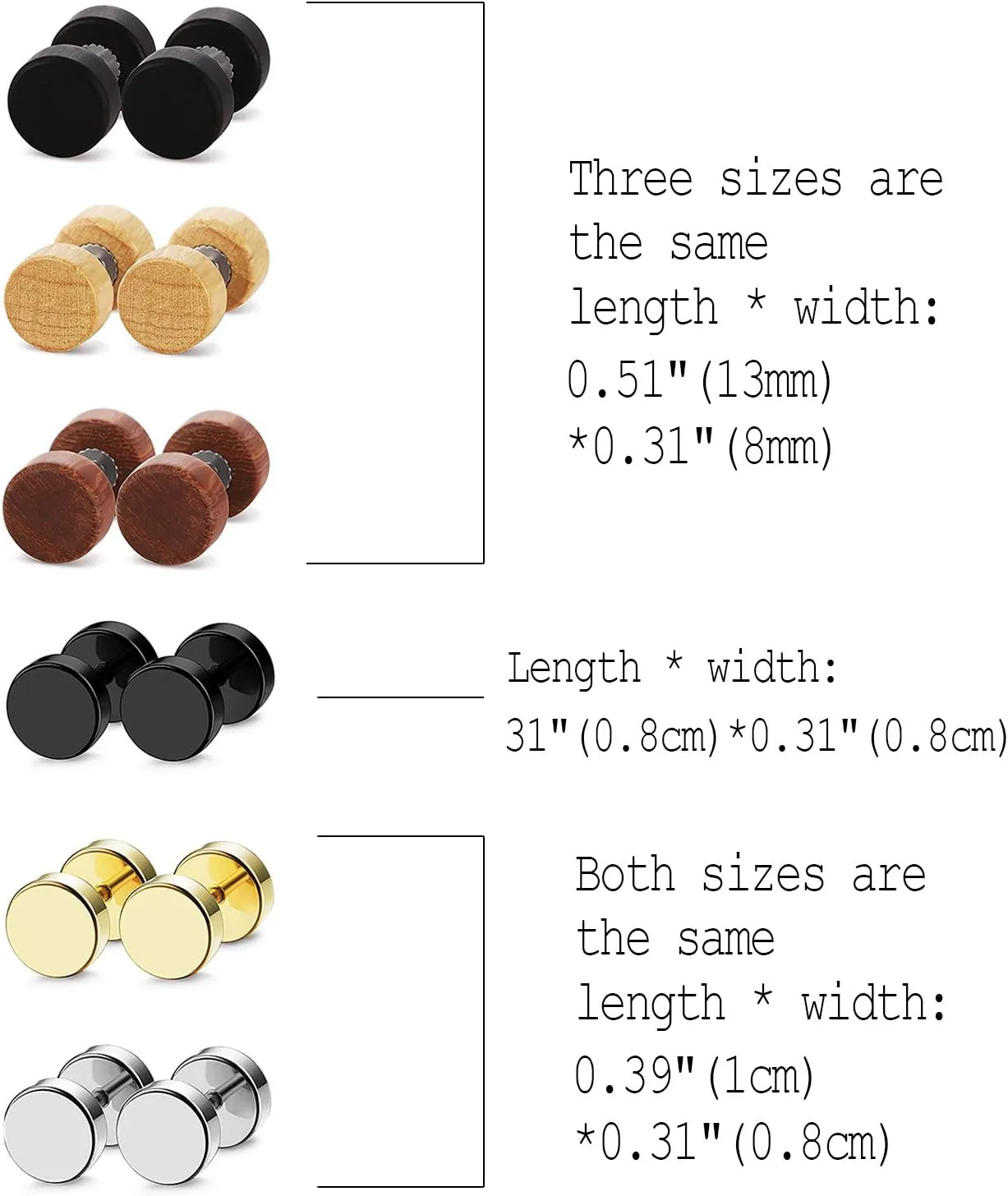 Cupimatch Earrings for Men Flat Back Earrings Sleeper Earrings for Women Men Pack of 2 Pairs(Stainless Steel Earrings Wooden Earrings)