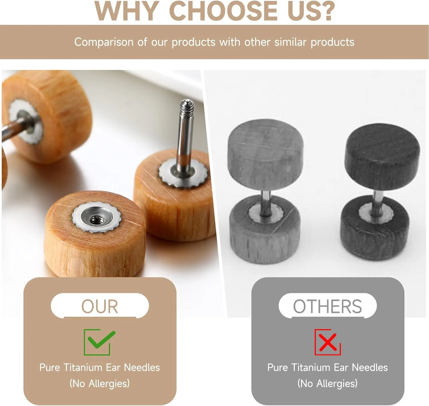 Cupimatch Earrings for Men Flat Back Earrings Sleeper Earrings for Women Men Pack of 2 Pairs(Stainless Steel Earrings Wooden Earrings)