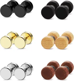 Cupimatch Earrings for Men Flat Back Earrings Sleeper Earrings for Women Men Pack of 2 Pairs(Stainless Steel Earrings Wooden Earrings)