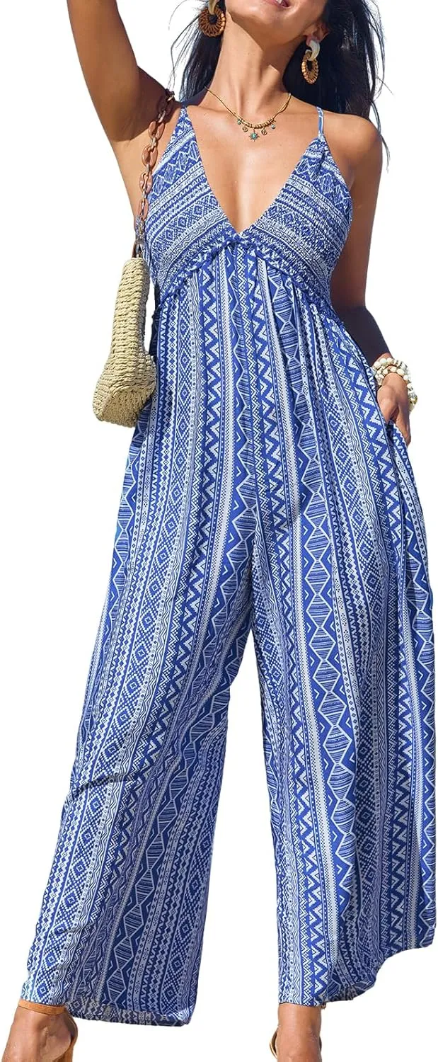 CUPSHE Women's Sleeveless Spaghetti Strap Jumpsuit Summer Floral Print Wide Leg Beach Vacation Long Pants