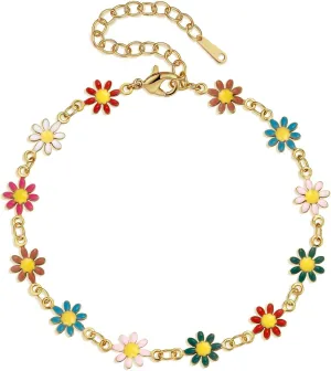 Cute Flower Bracelets for Women 18K Gold Plated Dainty Daisy Flower Chram Bracelet for Women