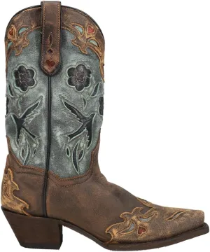 Dan Post Womens Blue Bird Floral Tooled-Inlay Snip Toe Casual Boots Mid Calf Mid Heel 2-3" - Brown