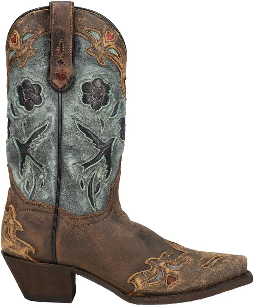 Dan Post Womens Blue Bird Floral Tooled-Inlay Snip Toe Casual Boots Mid Calf Mid Heel 2-3" - Brown