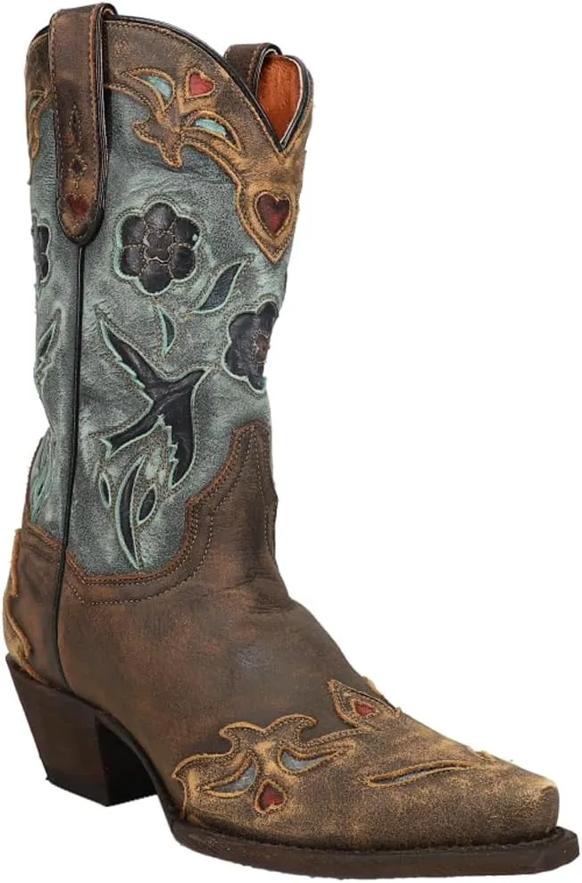Dan Post Womens Blue Bird Floral Tooled-Inlay Snip Toe Casual Boots Mid Calf Mid Heel 2-3" - Brown