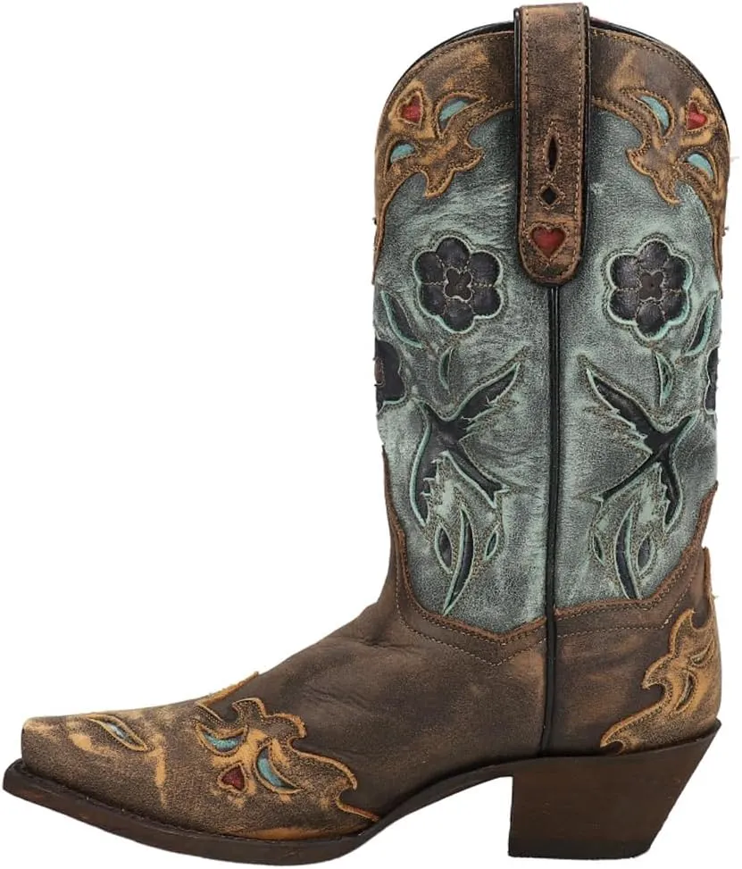 Dan Post Womens Blue Bird Floral Tooled-Inlay Snip Toe Casual Boots Mid Calf Mid Heel 2-3" - Brown